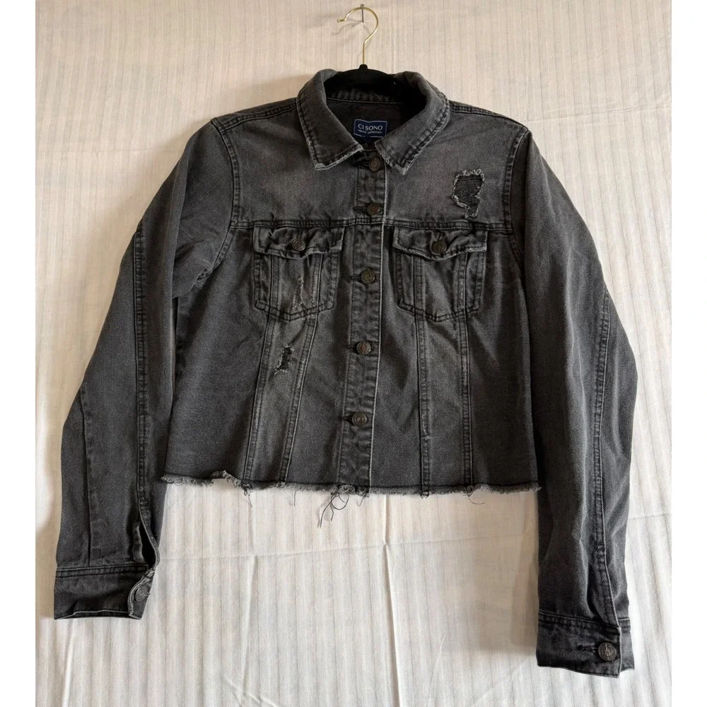 Ci Sono Womens Black Distressed Cropped Denim Jacket Raw Hem DJK37A Large - Picture 1 of 9